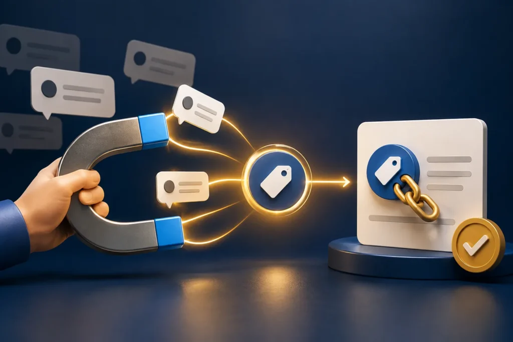 A hand uses a magnet to pull scattered mention cards toward a linked and verified content card.