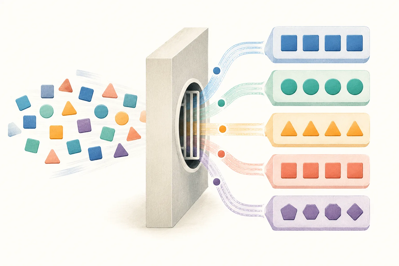 Editorial illustration of mixed colored shapes passing through a central sorting structure and emerging into five clearly separated groups by color and form.