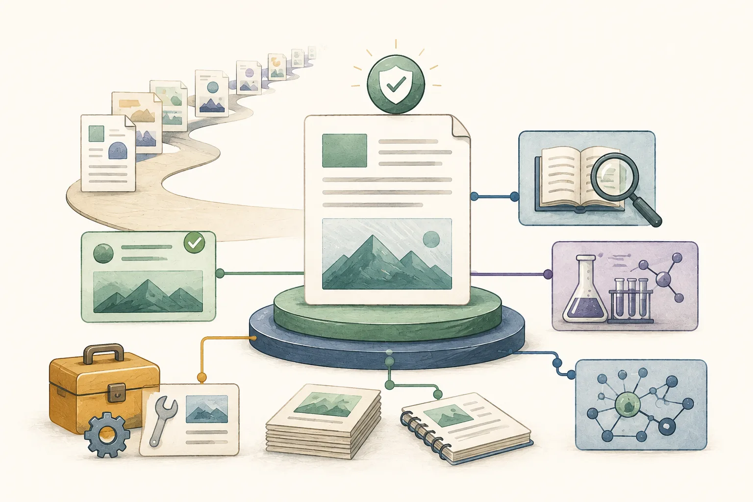Editorial illustration of a central verified document supported by research, source checking, practical tools, experiments, notes, and connected evidence.
