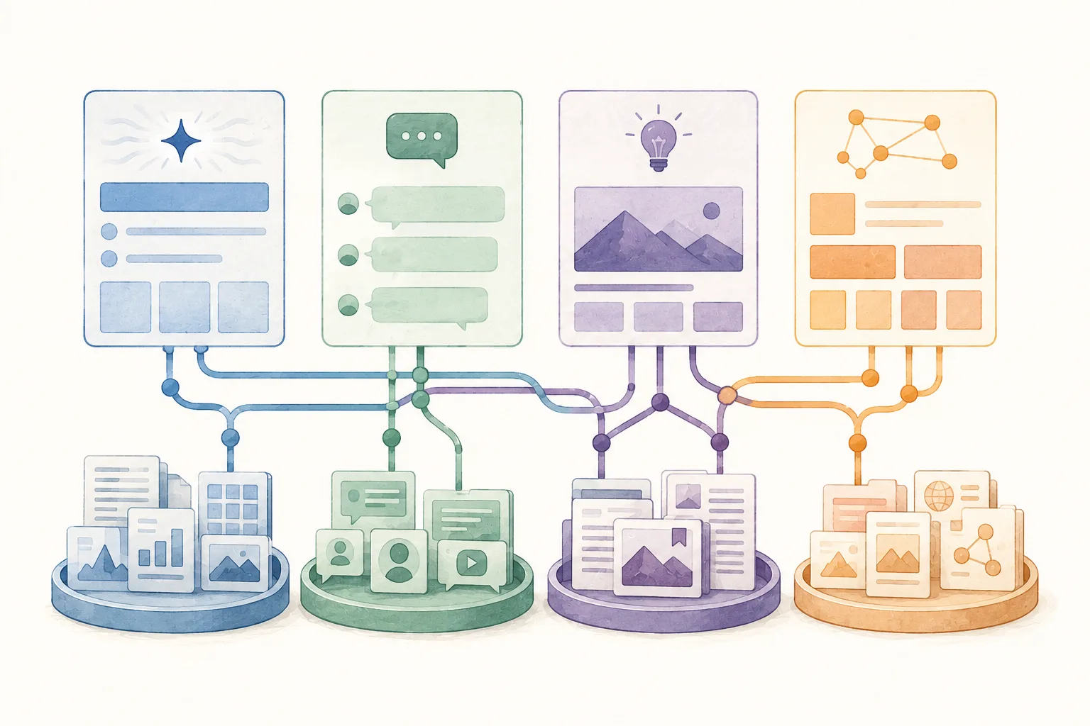 Editorial illustration showing four distinct AI-style destination panels connected to different color-coded pools of source cards through separate pathways.