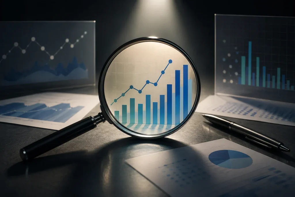 Magnifying glass enlarging rising bar and line charts among printed data reports on a dark desk.