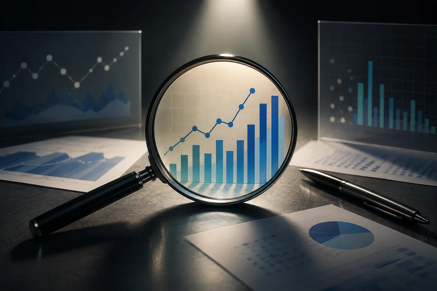 Magnifying glass enlarging rising bar and line charts among printed data reports on a dark desk.