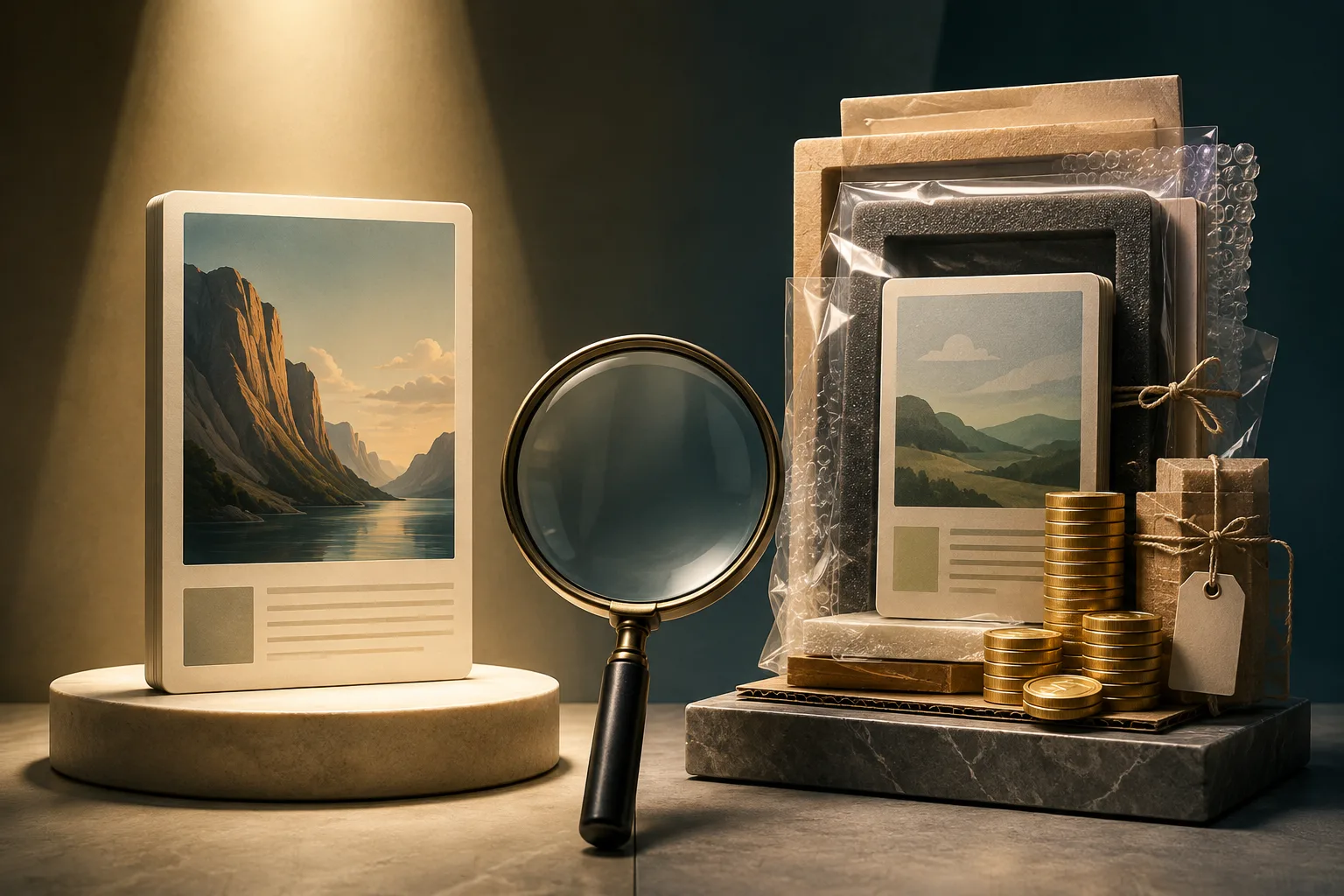 Magnifying glass between a premium publication card and a heavily packaged placement with stacked coins.