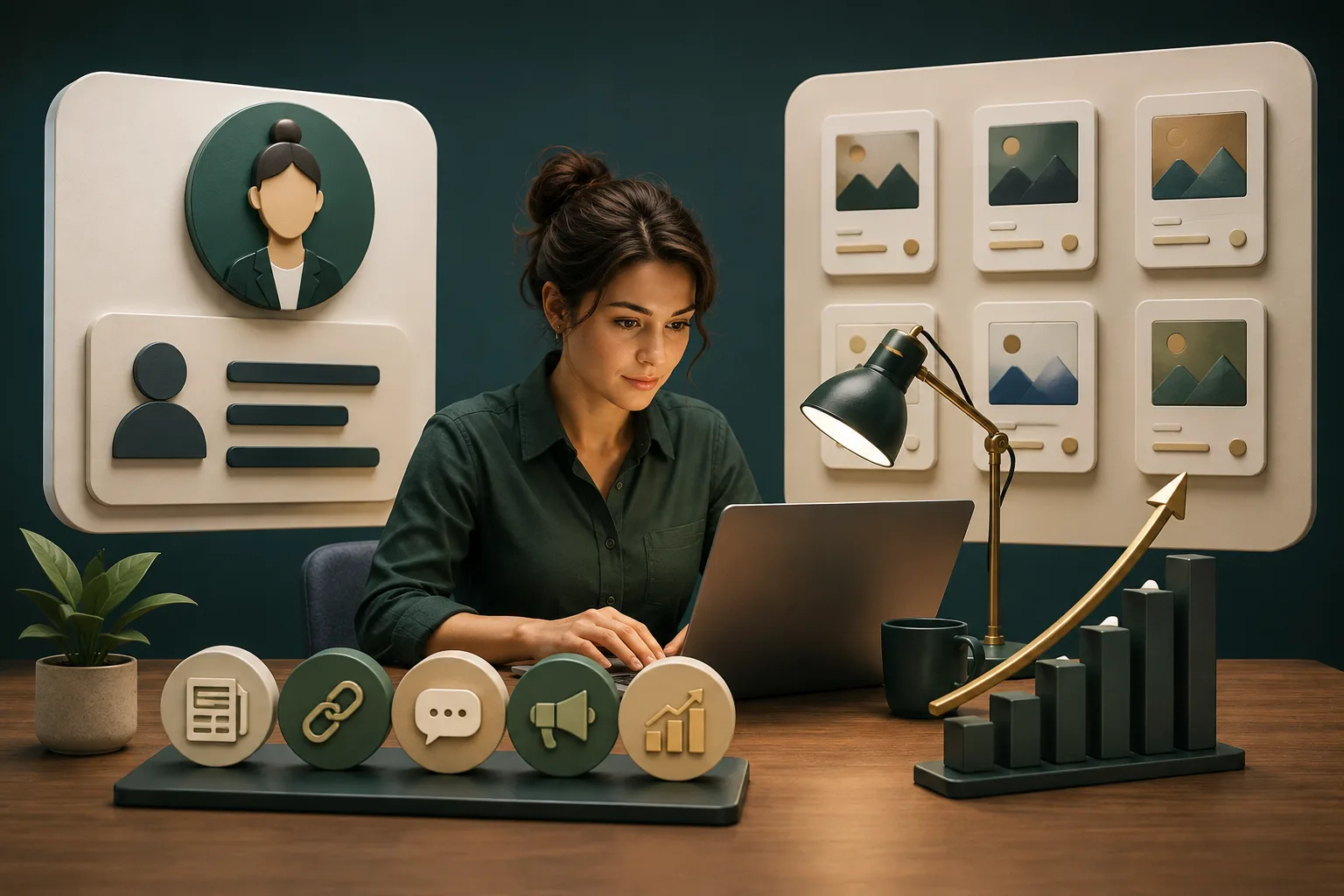 Part-time marketer working at a laptop beside link-building icons, content cards, and an upward growth chart.