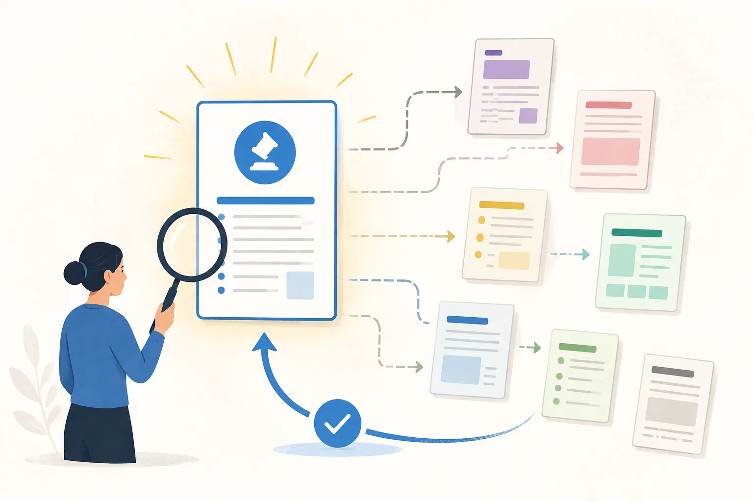 Editorial illustration showing a woman using a magnifying glass to inspect a large authoritative document while multiple secondary cards branch away from it and a verification arrow points back to the original source.