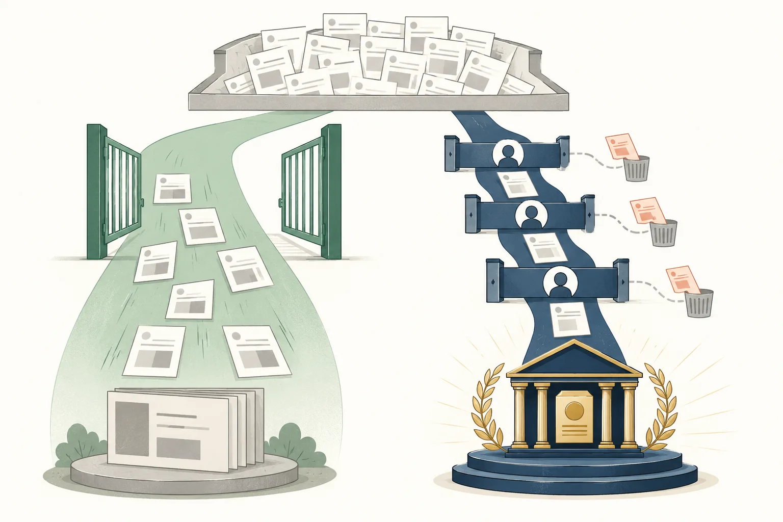 Editorial illustration comparing two publication paths: a wide open route lets many submission cards pass easily to a plain low-value destination, while a narrow route filters out most cards through several checkpoints before reaching a prestigious publication building.