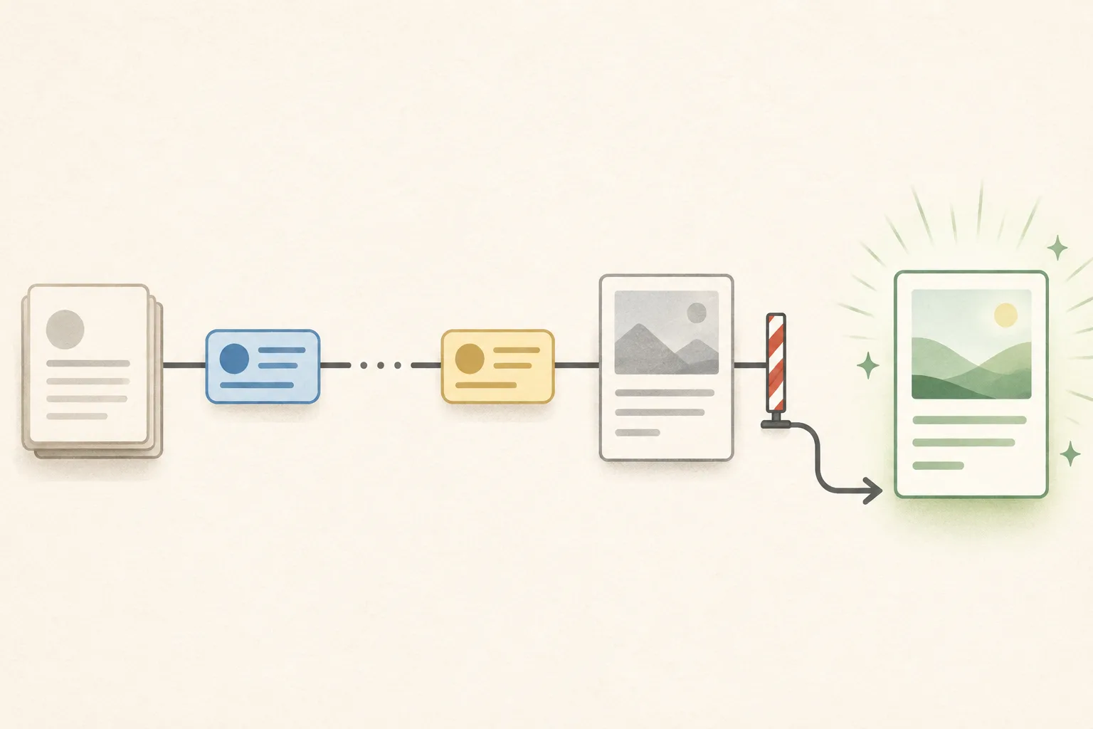 Editorial illustration showing an outreach sequence with two message cards separated by a pause, followed by a stop barrier and an arrow redirecting toward a new opportunity.