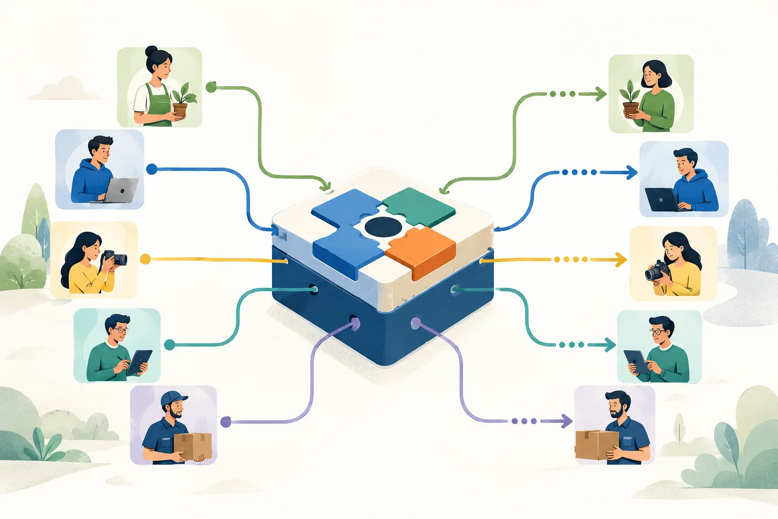 Editorial illustration of a central platform hub connecting multiple independent participants to matching destinations through organized colored pathways.