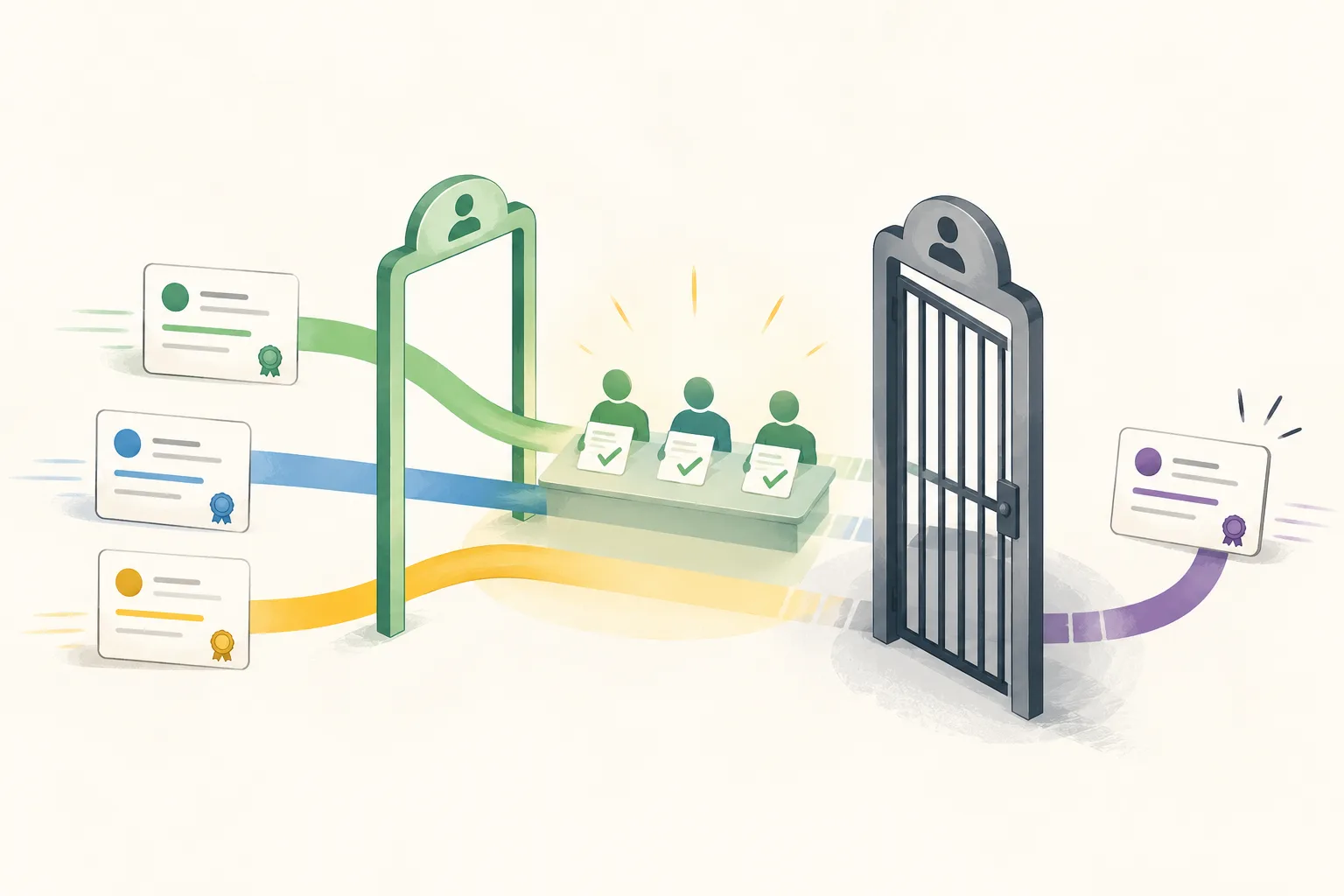 Editorial illustration showing early response cards passing through an open review gate while a later polished response is blocked by a closed gate.