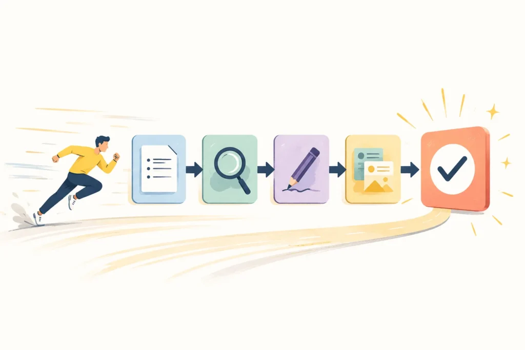 Editorial illustration of a person running through a short sequence of connected task cards ending in a large checkmark.