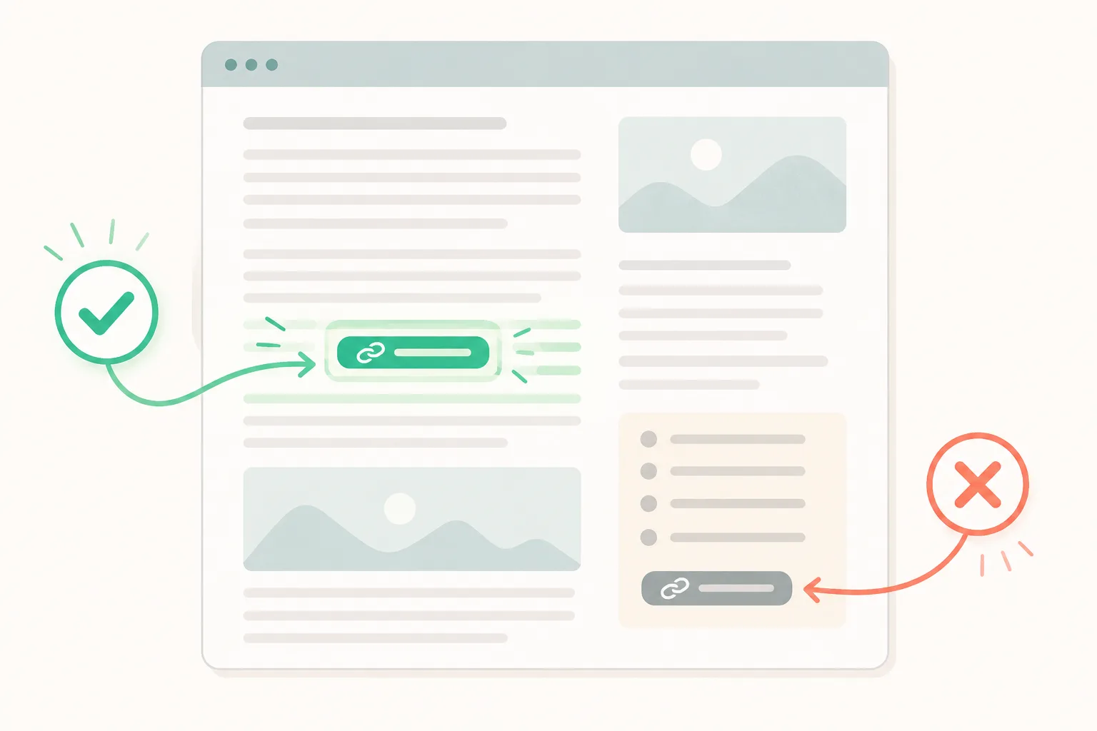 Editorial illustration comparing a prominent contextual link within webpage body content with a weaker link isolated in a secondary resource block.