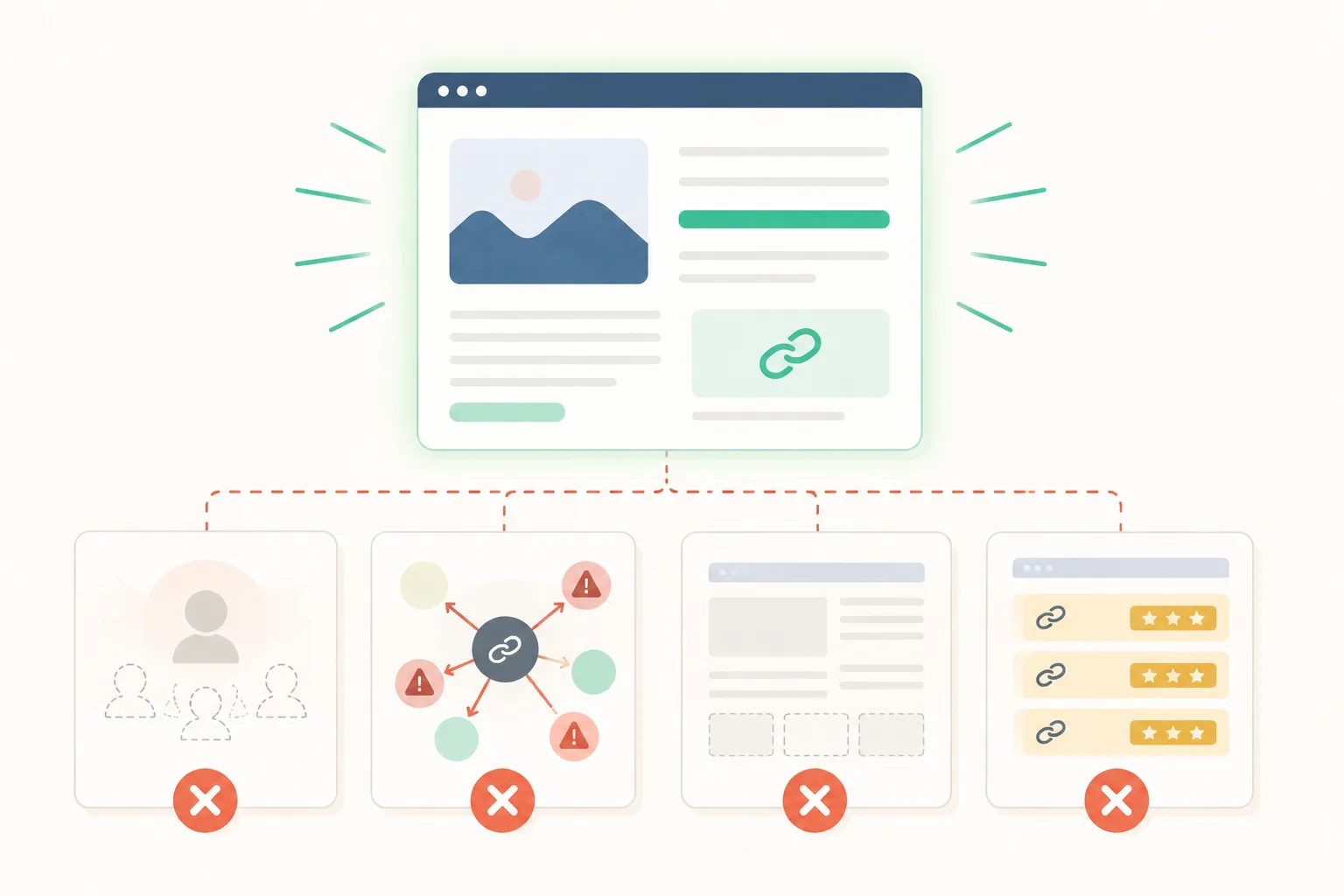 Editorial illustration of a strong-looking website card above four failed quality checks for audience, outbound links, page strength, and commercial placements.