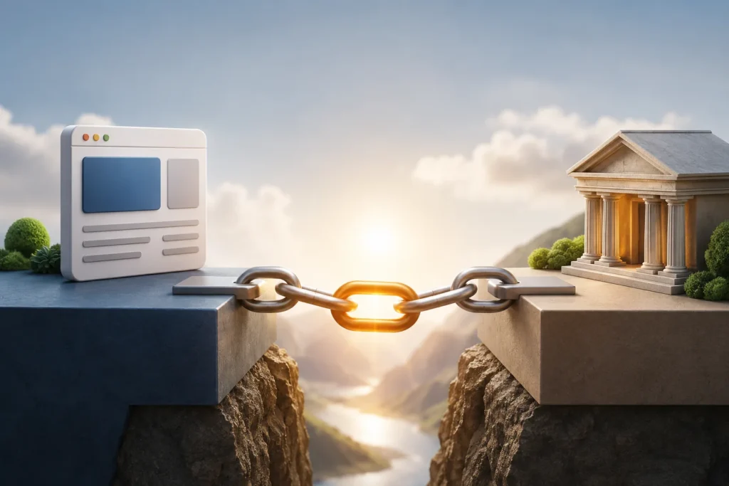 3D illustration of a website panel connected by a metal chain across a canyon to a classical building, with the central link glowing in warm light.