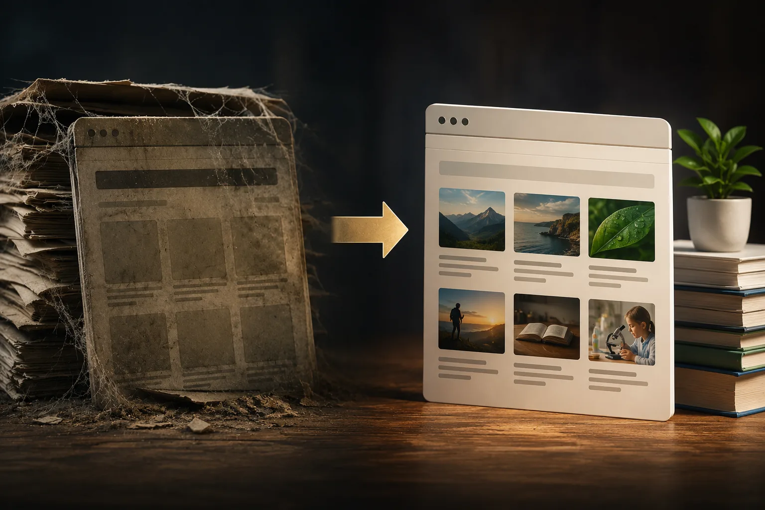 An old dusty, cobweb-covered webpage is shown transforming into a clean modern resource page filled with useful visual content.