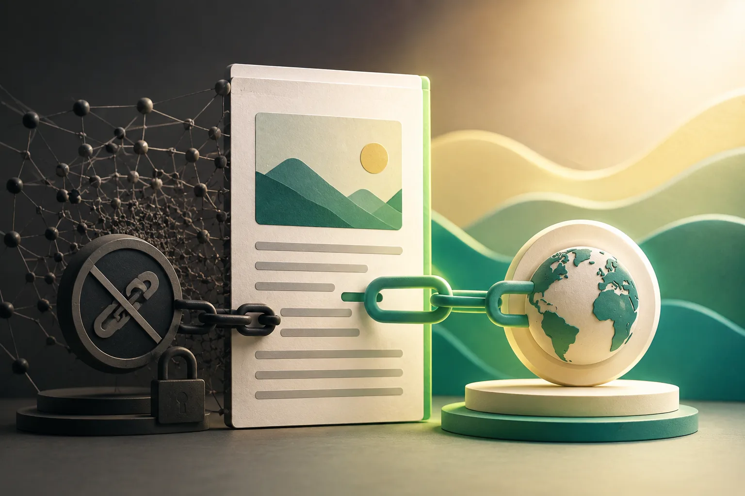 Stylized editorial illustration contrasting a blocked dark link with an open green link connecting an article page to a globe.