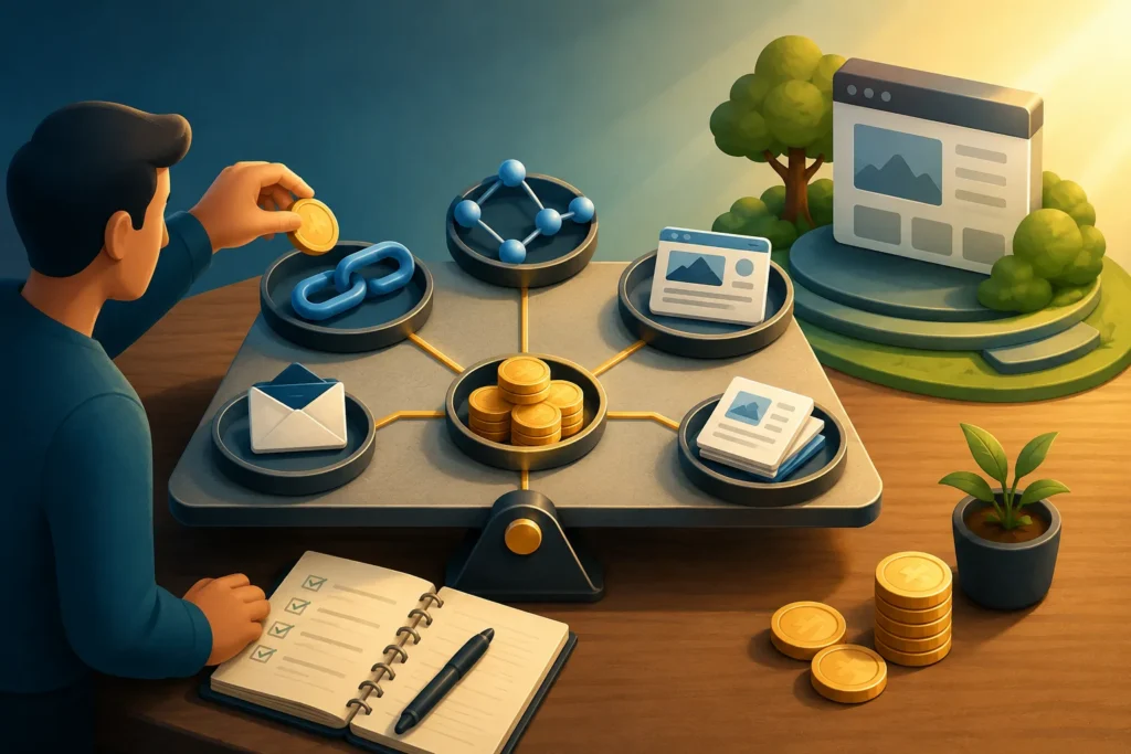 Editorial illustration of a person allocating coins across connected link-building activities, with chains, outreach, content, and website growth represented on a balanced planning board.