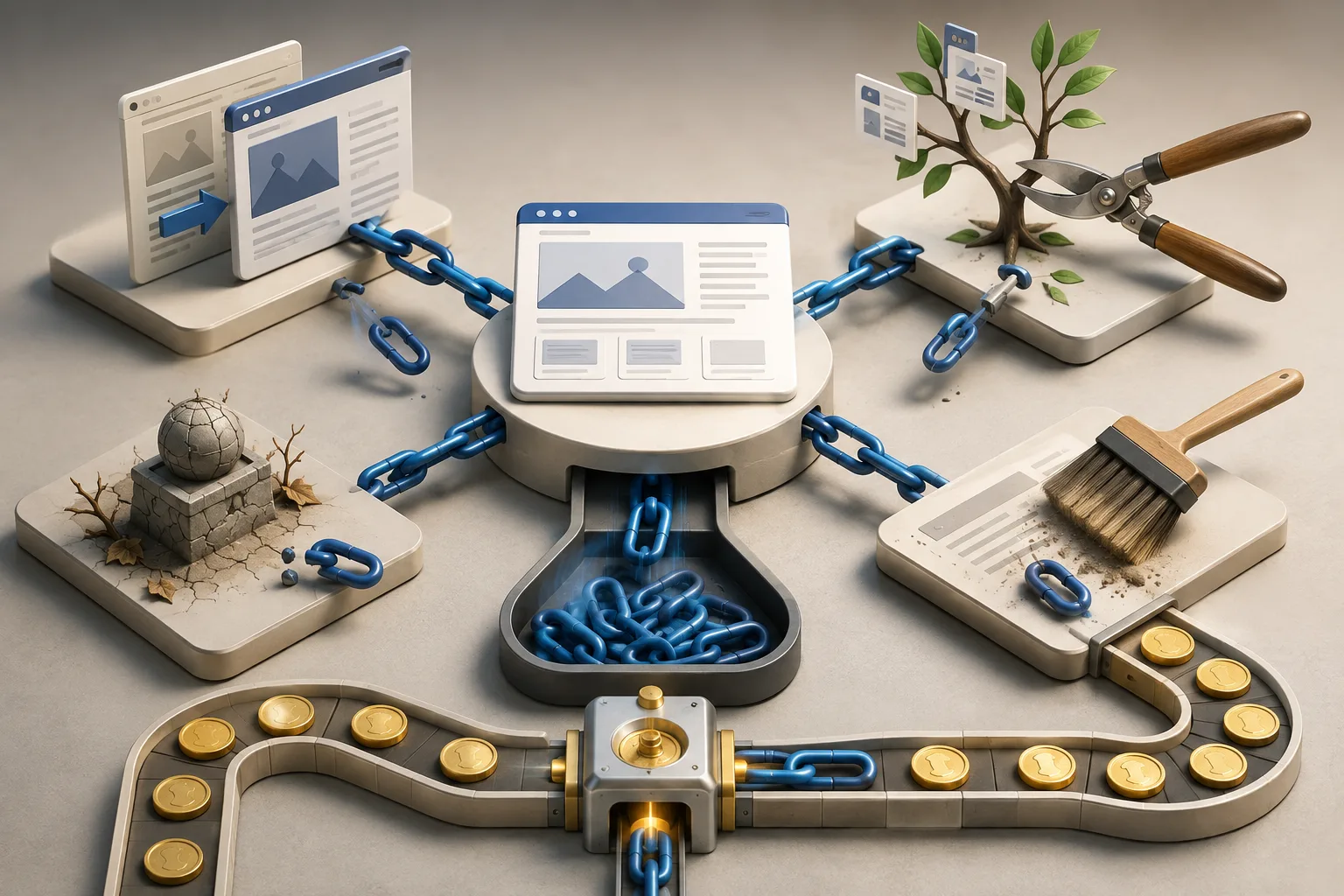 3D illustration of a central webpage linked to surrounding pages by blue chains, while some links are cut, pruned, brushed away, or left broken, and gold coins feed into the system like an ongoing cost conveyor.