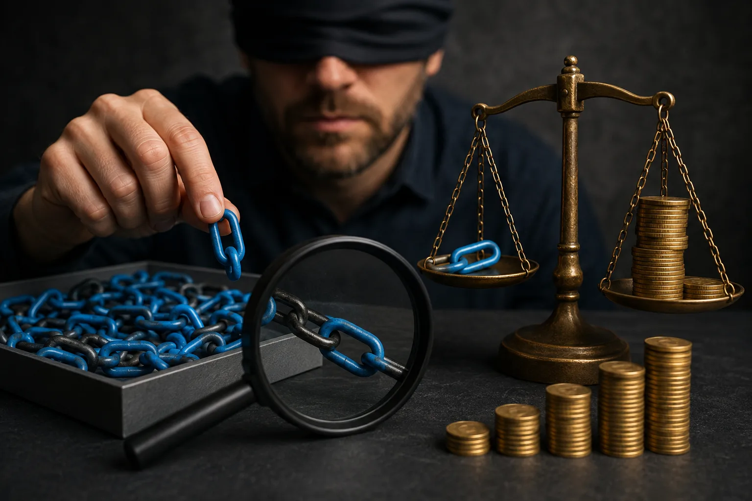Blindfolded person selects a chain link from a mixed tray while a magnifying glass, balance scale, and rising stacks of coins suggest later measurement and increasing cost.
