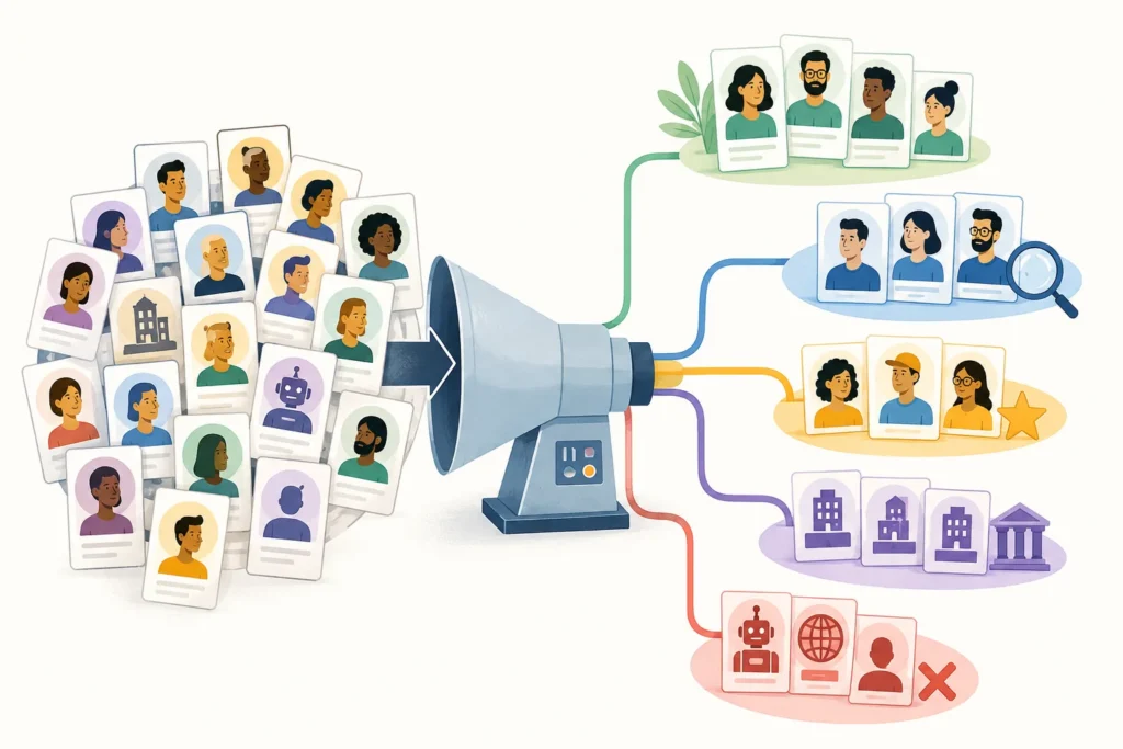 Illustration of a mixed stack of contact cards being sorted through a central funnel into several distinct audience groups.