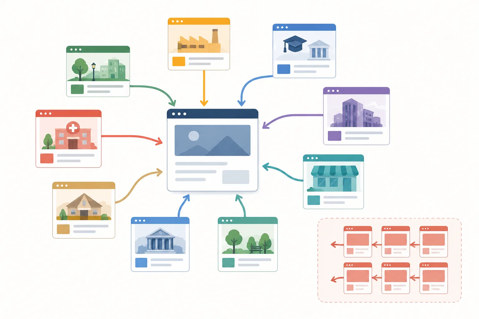 Illustration of a central webpage receiving links from varied local, industrial, educational, institutional, and commercial source cards, contrasted with a small cluster of identical red cards.