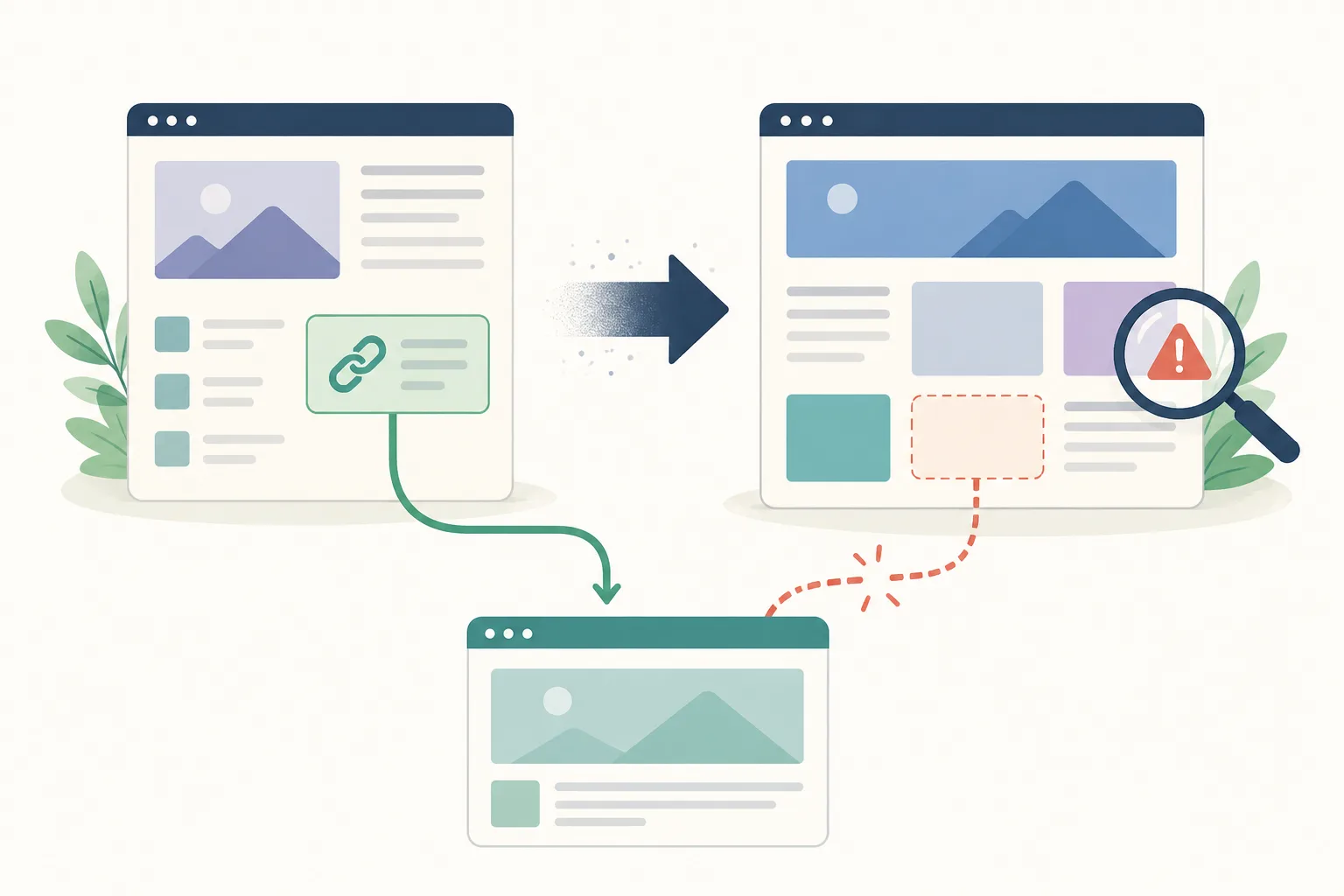 Illustration comparing a webpage before and after redesign, where an intact link to a target page becomes broken and is highlighted with a magnifying glass.