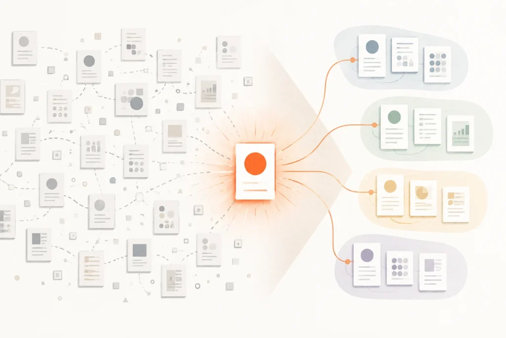 Editorial illustration of many scattered data cards converging on one bright orange highlighted card, which then connects to four clearly organized groups.