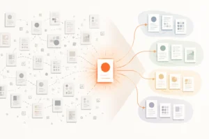 Editorial illustration of many scattered data cards converging on one bright orange highlighted card, which then connects to four clearly organized groups.