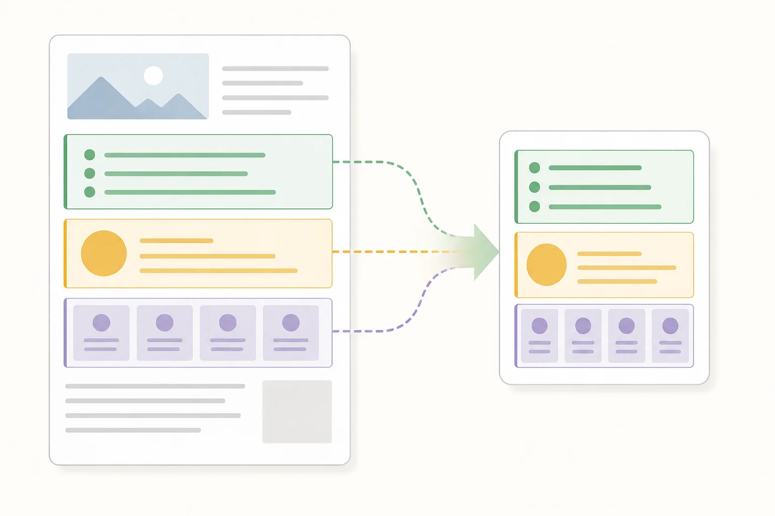 Editorial illustration of selected structured content blocks being extracted from a large source page and transferred into a smaller condensed answer card.