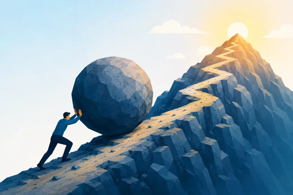 Illustration of a man pushing a massive boulder up a steep mountain path toward a sunlit summit.