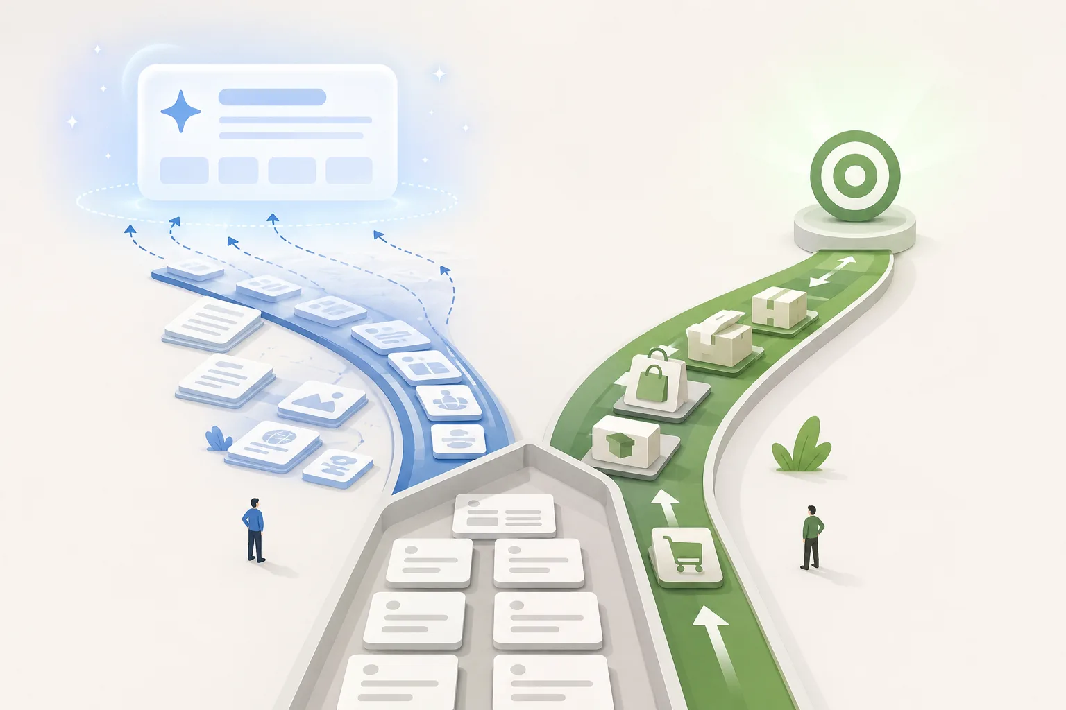 Illustration of a central set of content cards splitting into two paths: a blue route leading to informational panels and a green route leading to shopping and target icons.