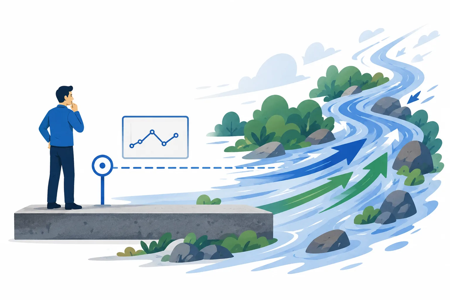 Illustration of a man beside a baseline marker and chart while a fast-moving river of arrows flows through a changing landscape.