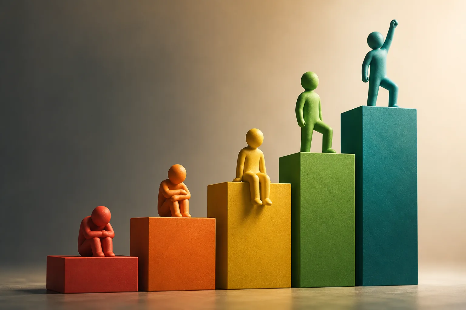 Five simple figures occupy ascending colored blocks, progressing from crouched on the lowest red step to standing triumphantly on the highest teal step.