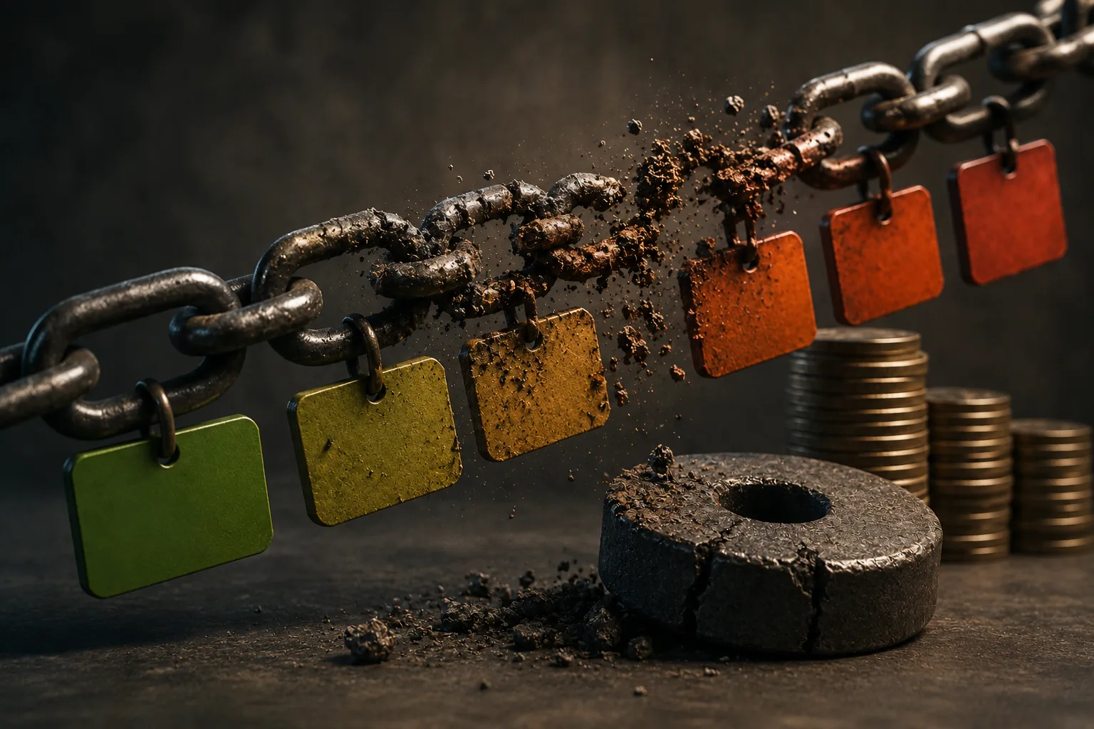 A heavy chain with colored hanging tags corrodes and breaks apart above stacks of coins, while debris falls beside a cracked metal weight.