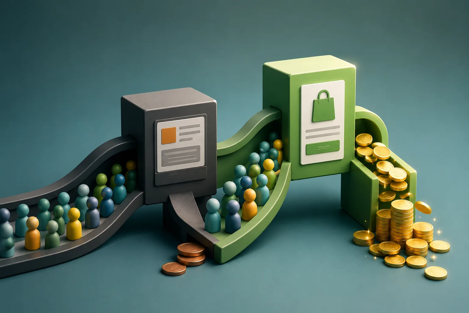 The same stream of visitors splits between a dark display route with a few coins and a green shopping route producing a much larger pile of coins.