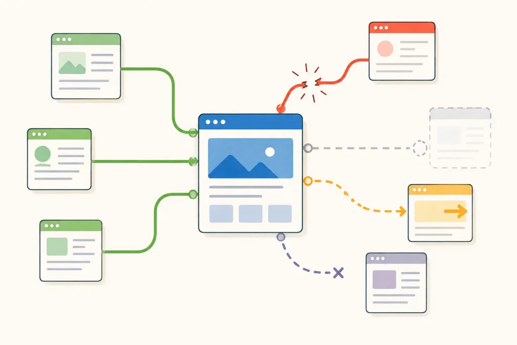 Editorial illustration showing a central target webpage connected to multiple referring pages, with some links intact and others broken, faded, redirected, or stopped before reaching the target.