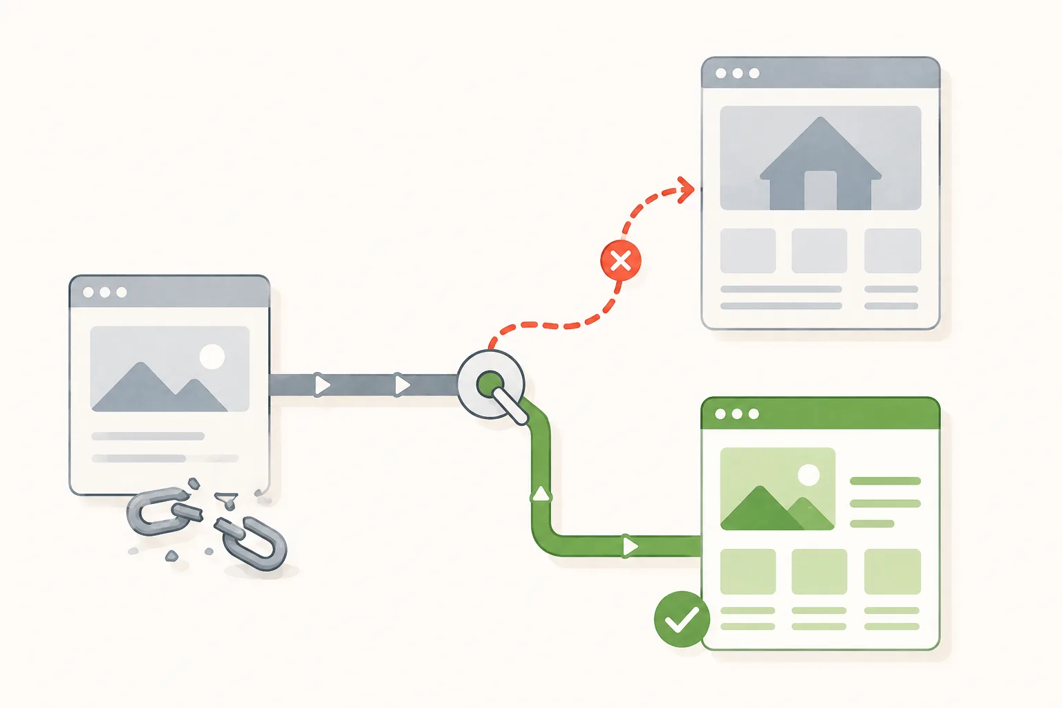 Editorial illustration of an old page redirect being switched from a generic destination to a more relevant page.