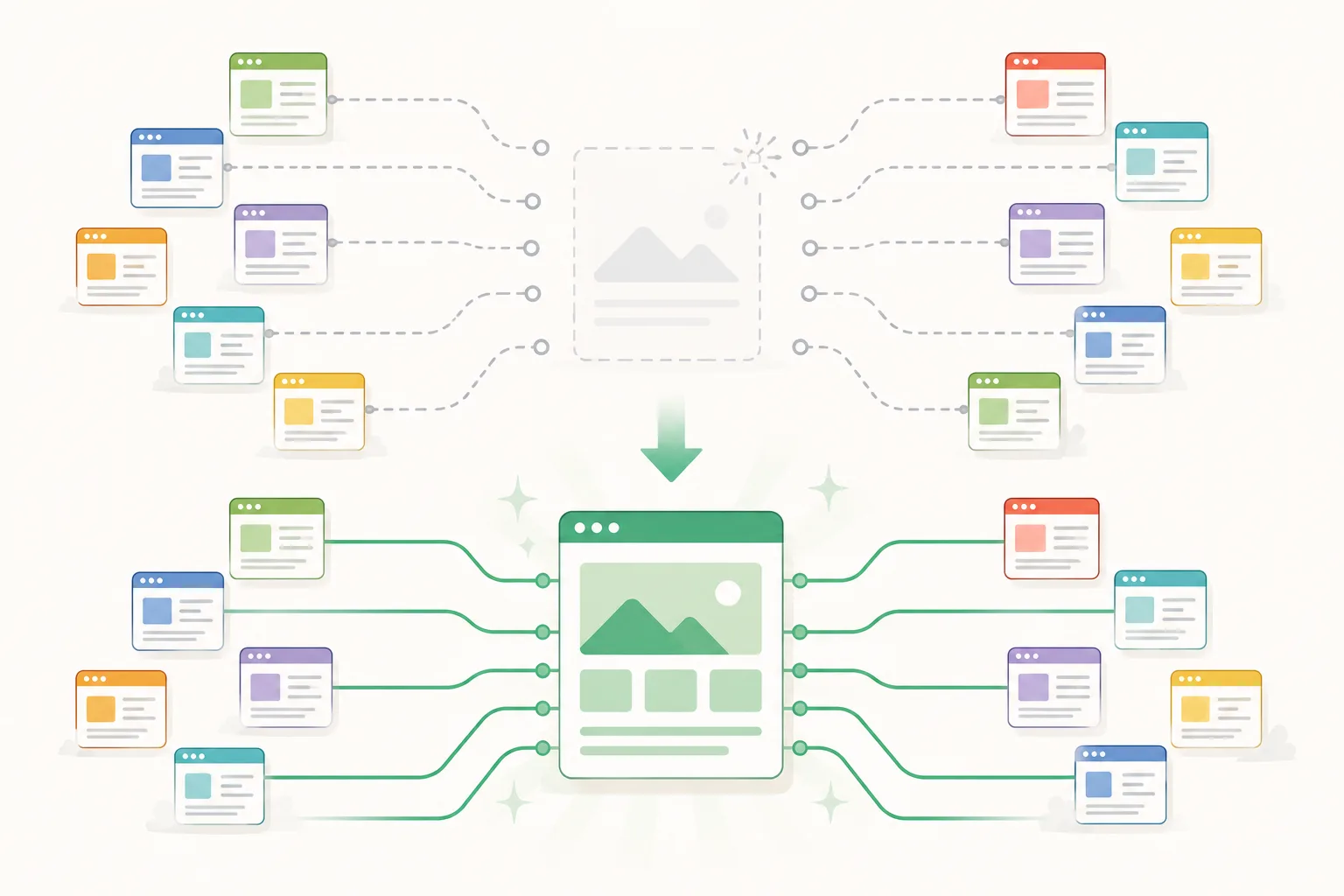 Editorial illustration showing many referring pages reconnecting to a restored central research page that had previously been missing.