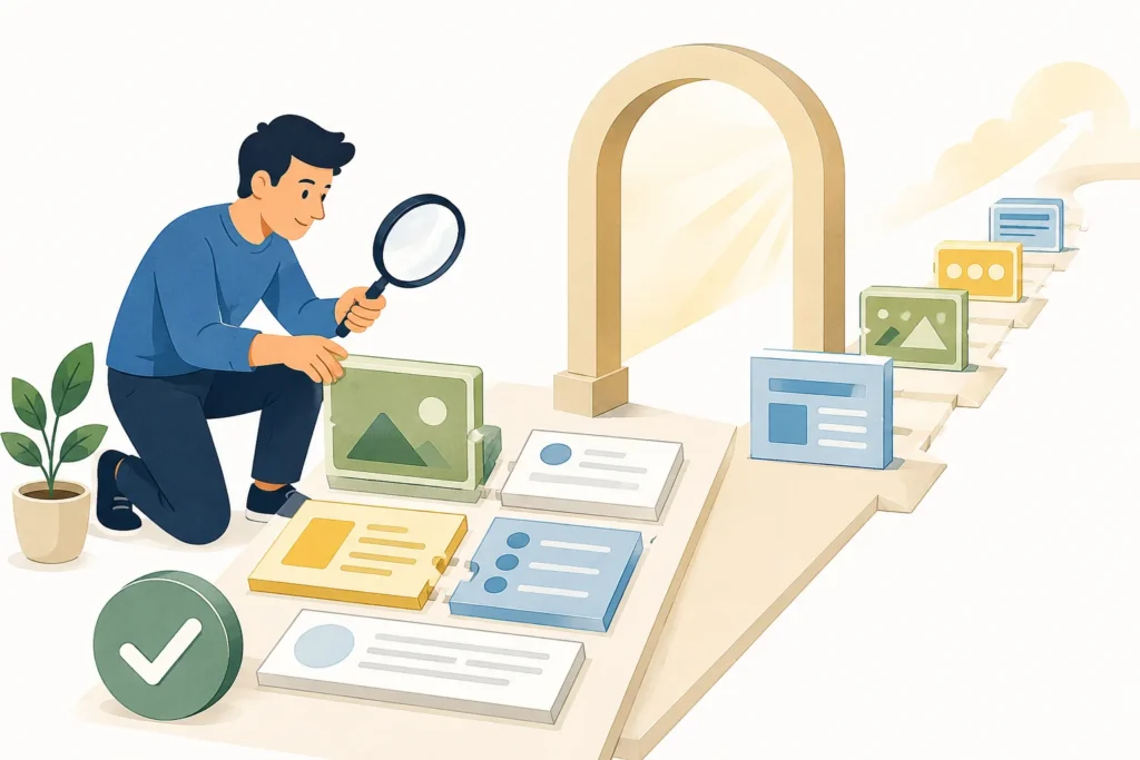 Illustration of a person inspecting and organizing page-like blocks before they pass through a gateway into a structured workflow.