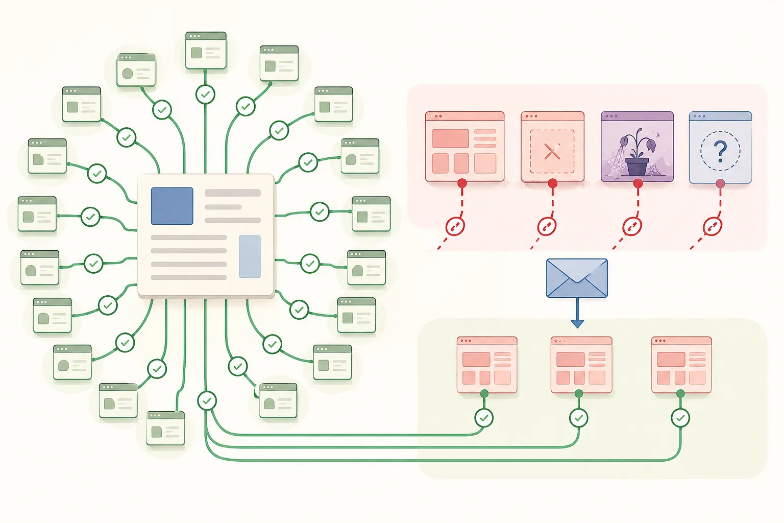 Illustration of many active links connected to a central page, several broken links with different causes, and three restored connections after follow-up.
