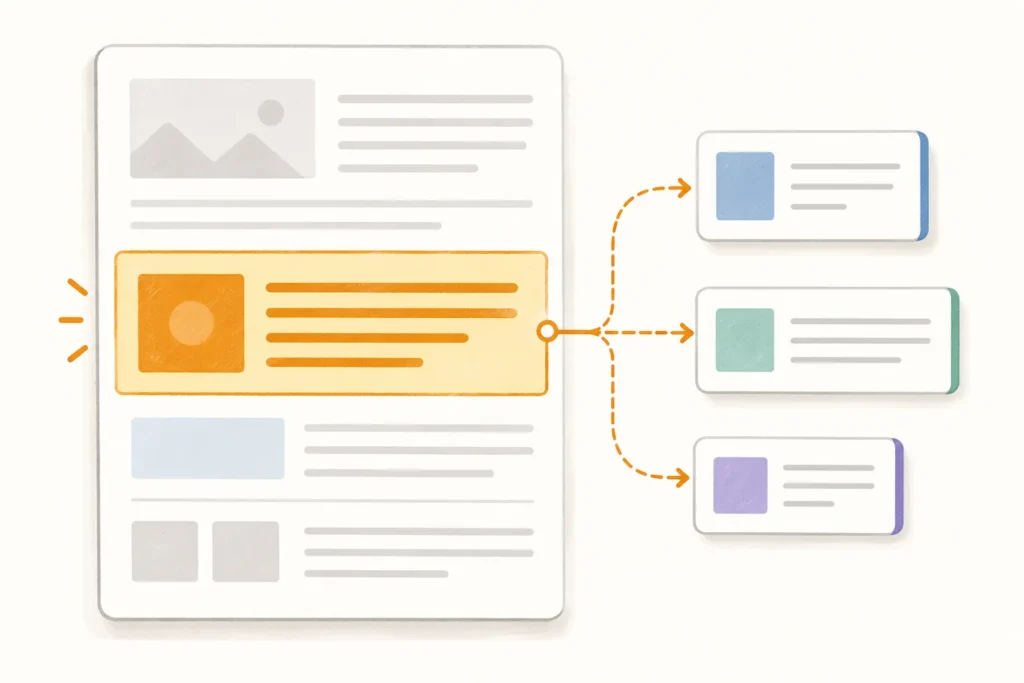 Editorial illustration of a large webpage divided into content blocks, with one orange-highlighted section connected directly to three external reference cards.