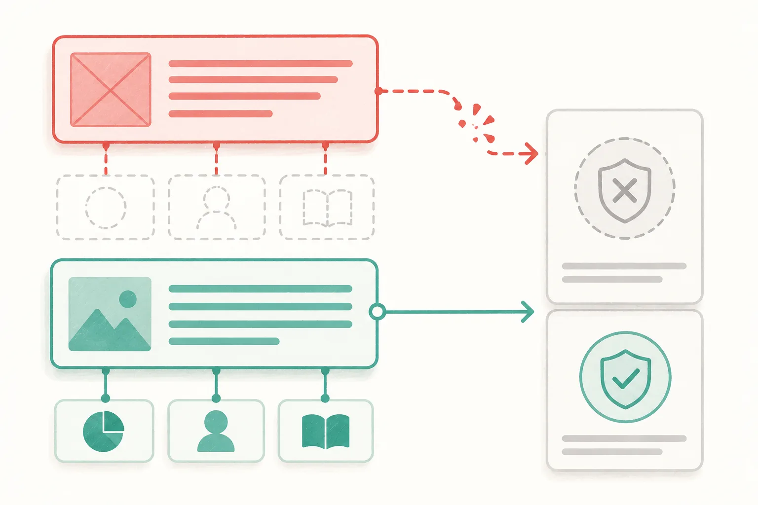 Editorial illustration contrasting an unsupported red content block with empty evidence slots and a broken verification path against a supported green block that passes verification.