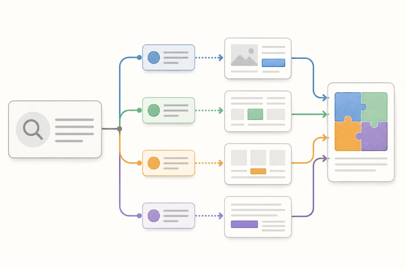 Editorial illustration showing one search-like input splitting into four colored sub-questions, each connecting to a different source card before converging into one assembled answer.