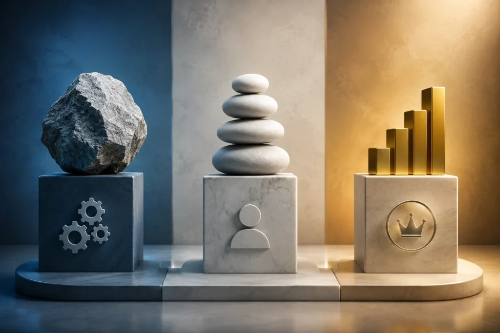 Three pedestal displays represent different cost structures: a heavy rock over gears, balanced stones over a person icon, and rising gold bars over a premium emblem.