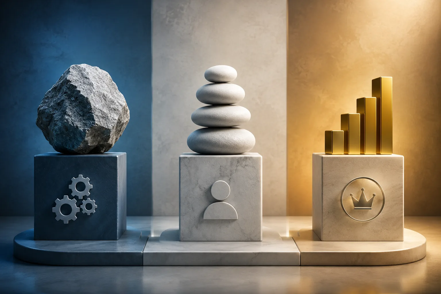 Three pedestal displays represent different cost structures: a heavy rock over gears, balanced stones over a person icon, and rising gold bars over a premium emblem.