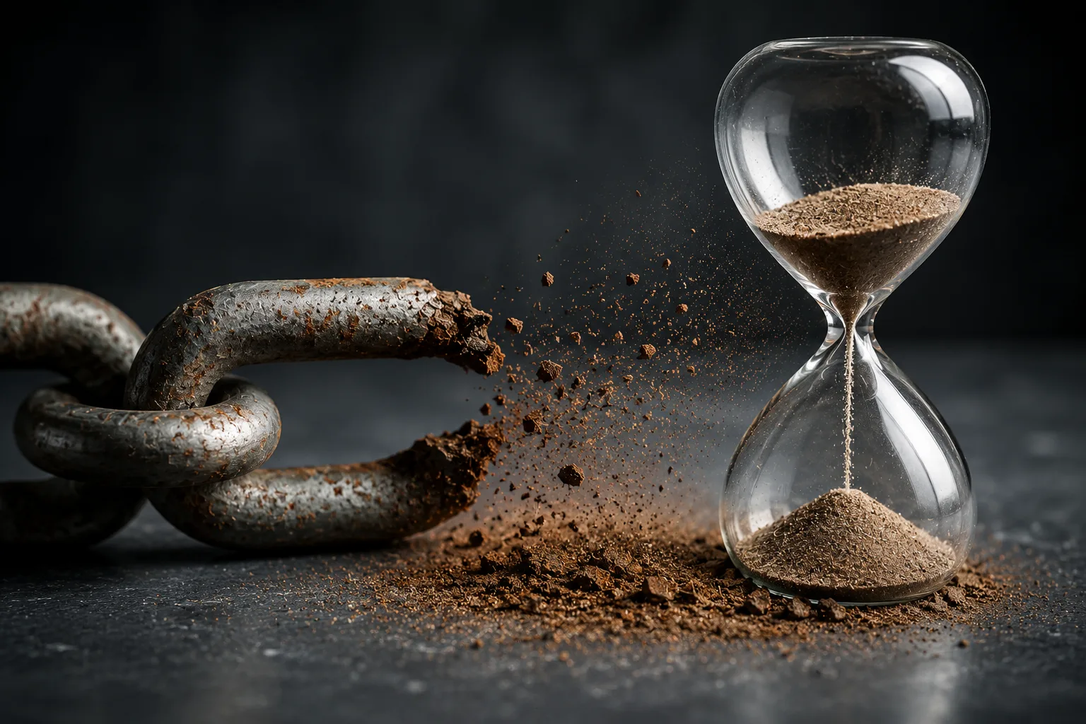 A rusted chain breaks apart into dust beside a glass hourglass, symbolizing links decaying over time.