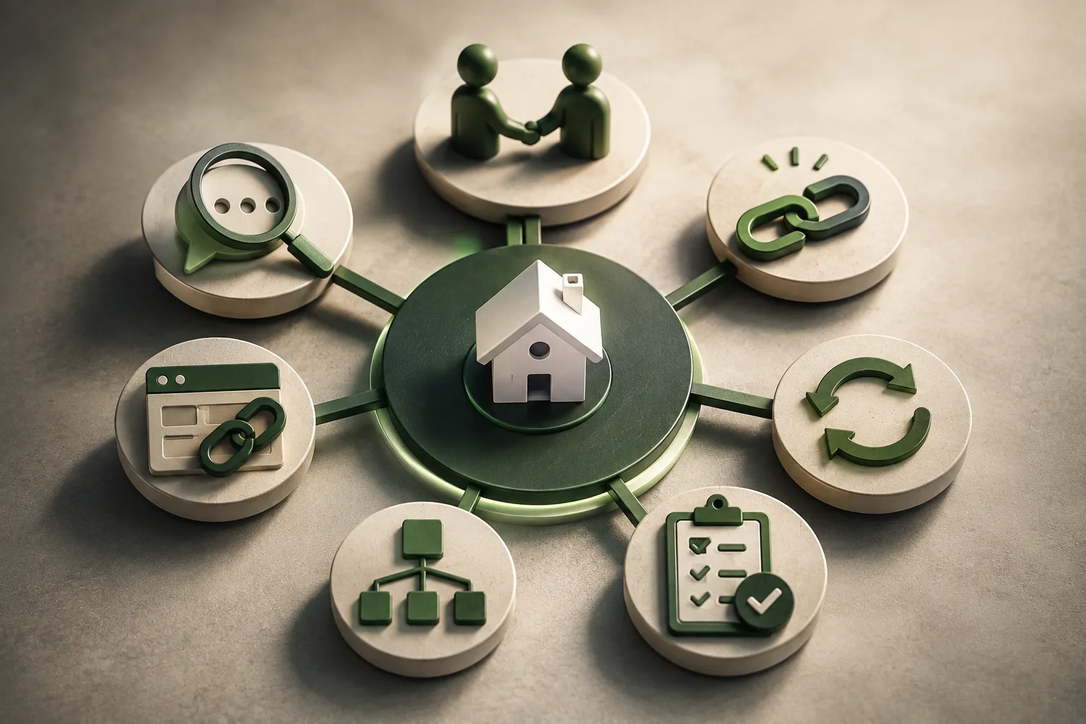 A central house connects to icons for relationships, links, recovery, routing, monitoring, and audits, representing an internal link-building process.