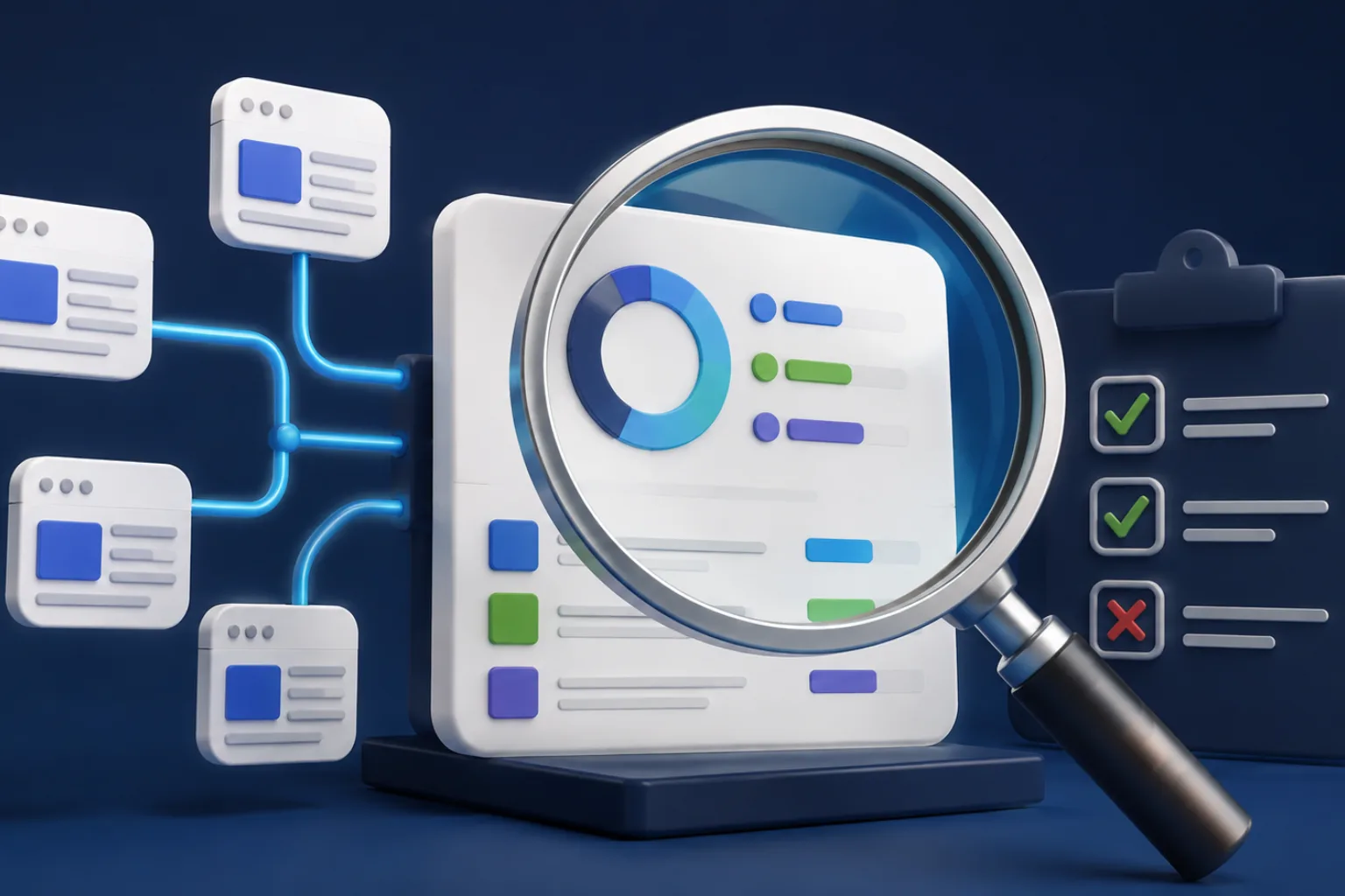 Magnifying glass inspecting an analytics panel connected to several webpage cards beside a verification checklist.