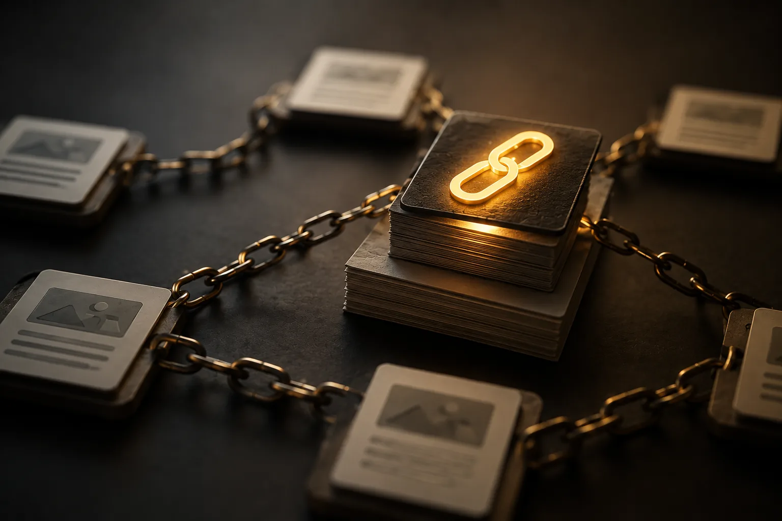 A crawler robot follows glowing paths from a prominent pillar page to several smaller supporting pages.