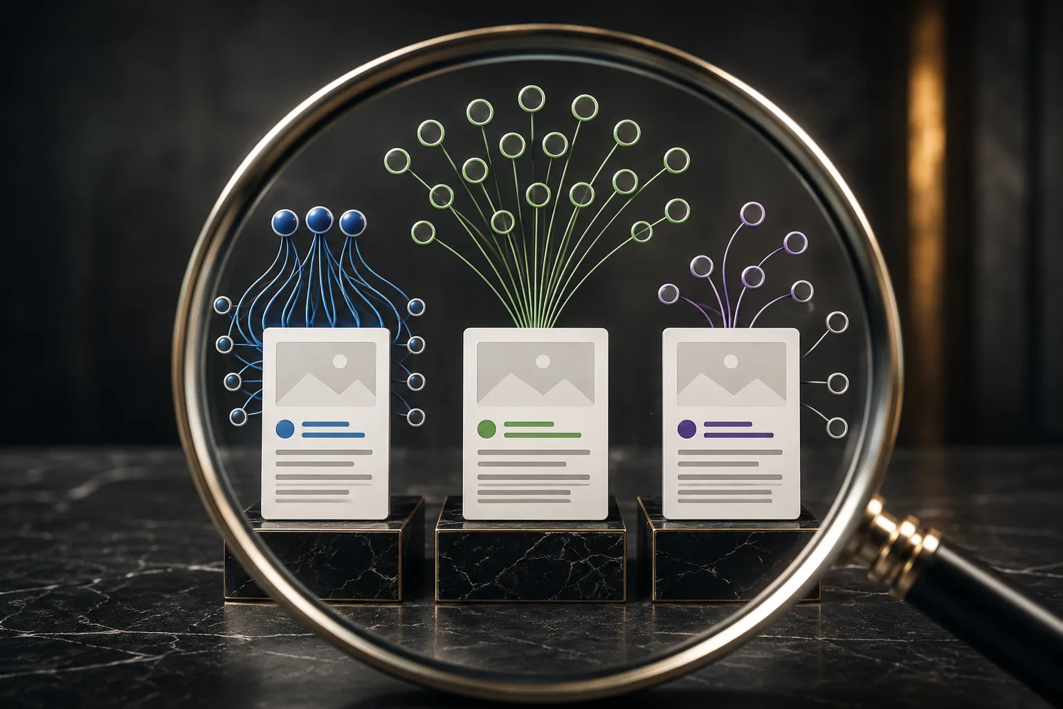 Magnifying glass framing three competing result cards, each connected to a different pattern and volume of backlink sources.