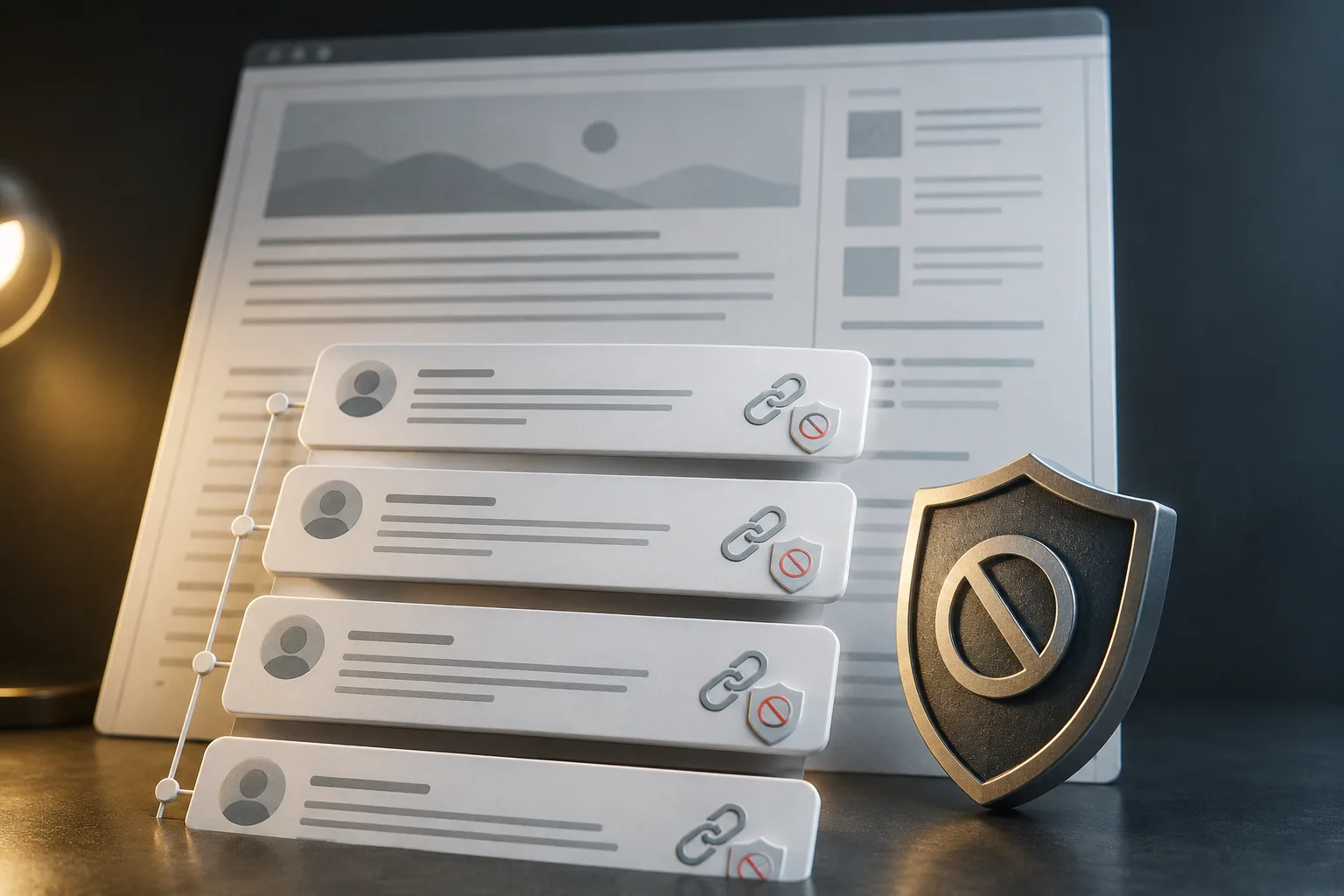 Blog comment cards with link icons and blocked-link shields beside a larger protection shield.